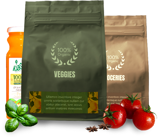 Displaying Organic products like orange juice and ginger products.
